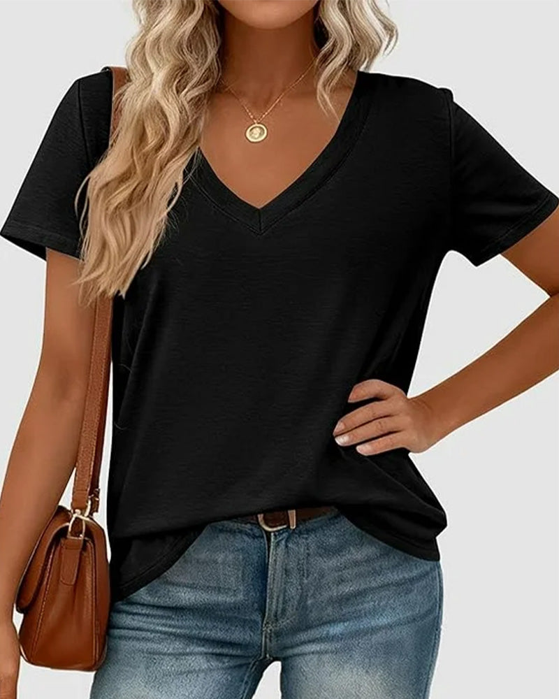 Pullover V-Neck Solid T-Shirt
