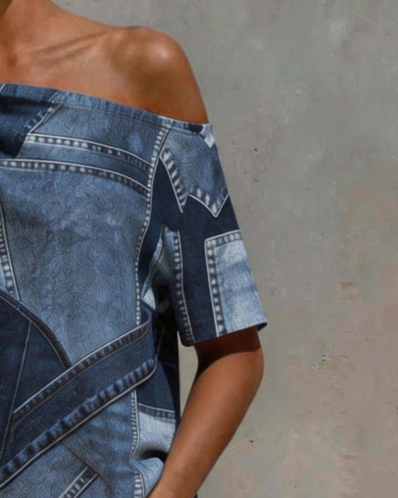 One-Shoulder Twist Knot Patchwork Blouse