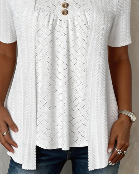 Faux Layered Square Neck Hollow Out Patchwork Blouse