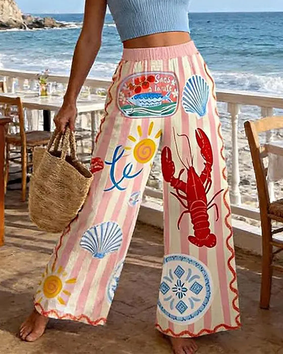 Ocean Print Wide-Leg Pants