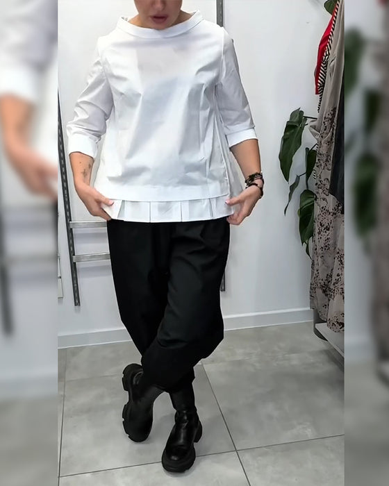 Wide-Collar Solid Color Casual Blouse