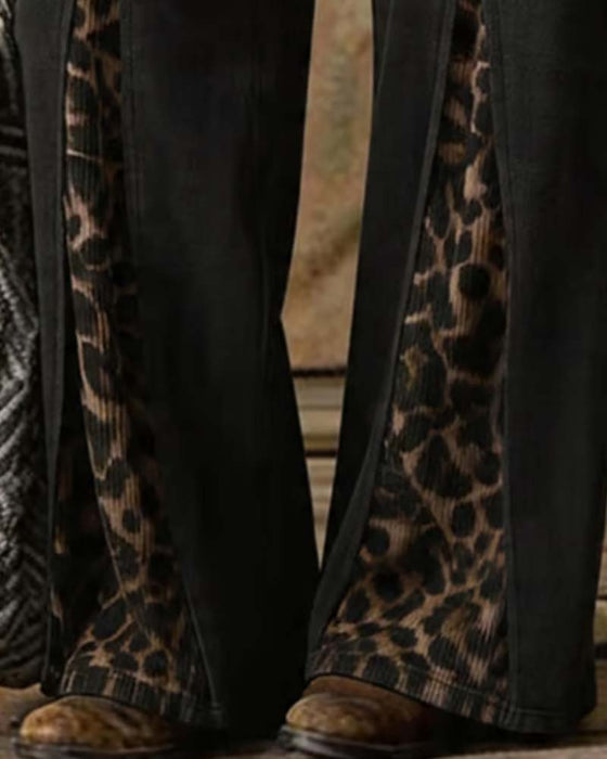 Leopard Print Wide-Leg Patchwork Casual Pants
