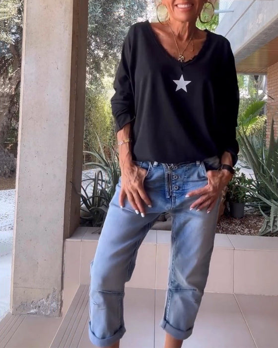 V-Neck Star Printed Top