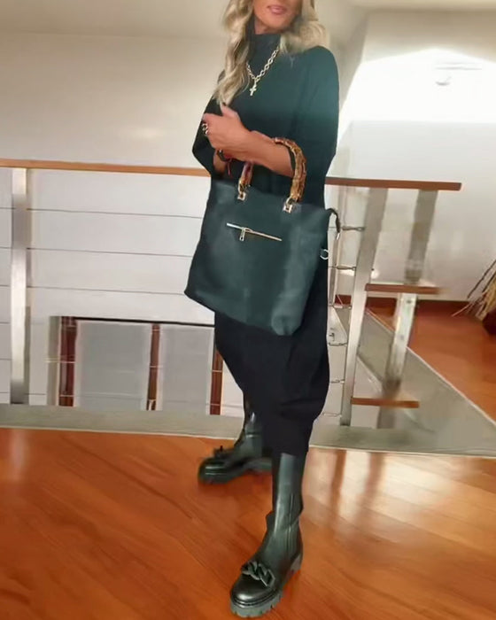 Solid color loose high collar casual dress