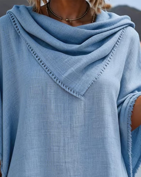 Hooded Neck Scarf Tassel Solid Color Dress