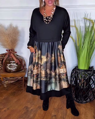 Casual Printed Long-Sleeved Dress