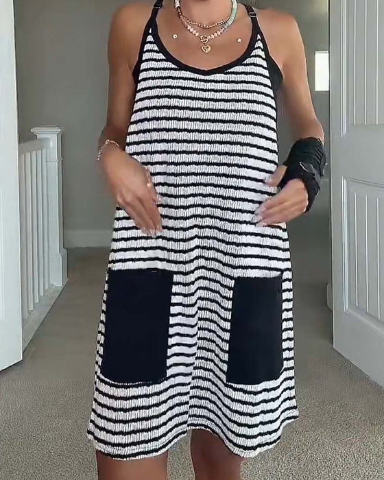 Strappy U-Neck Pocket Color Block Dress