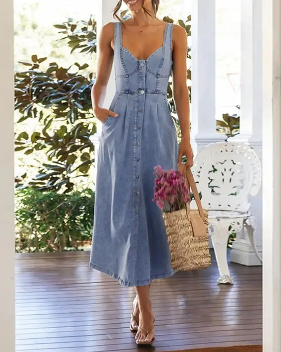 Spaghetti Strap Button Waist-Cinched Denim Dress