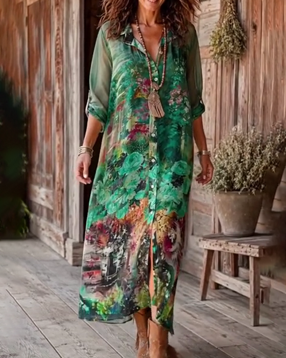 Shirt Collar Slit Floral Dress