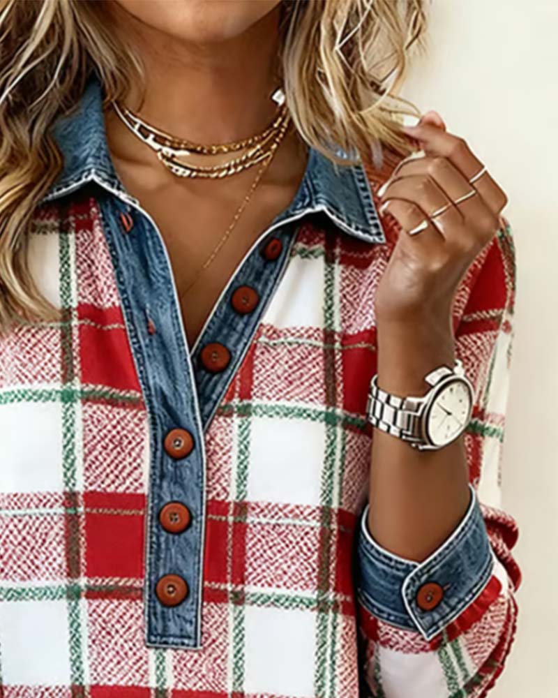 Plaid Denim Patchwork Sweatshirt