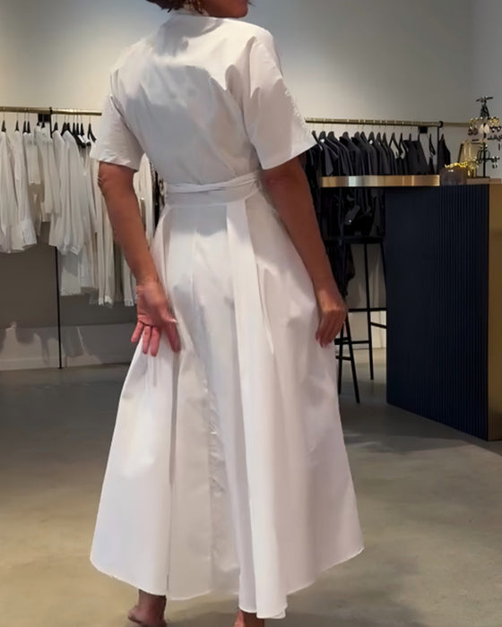 V-Neck Tie Waist Full Skirt Dress