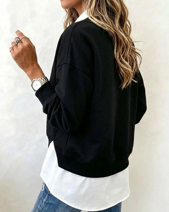 Faux Two-Piece Patchwork Collared Sweatshirt
