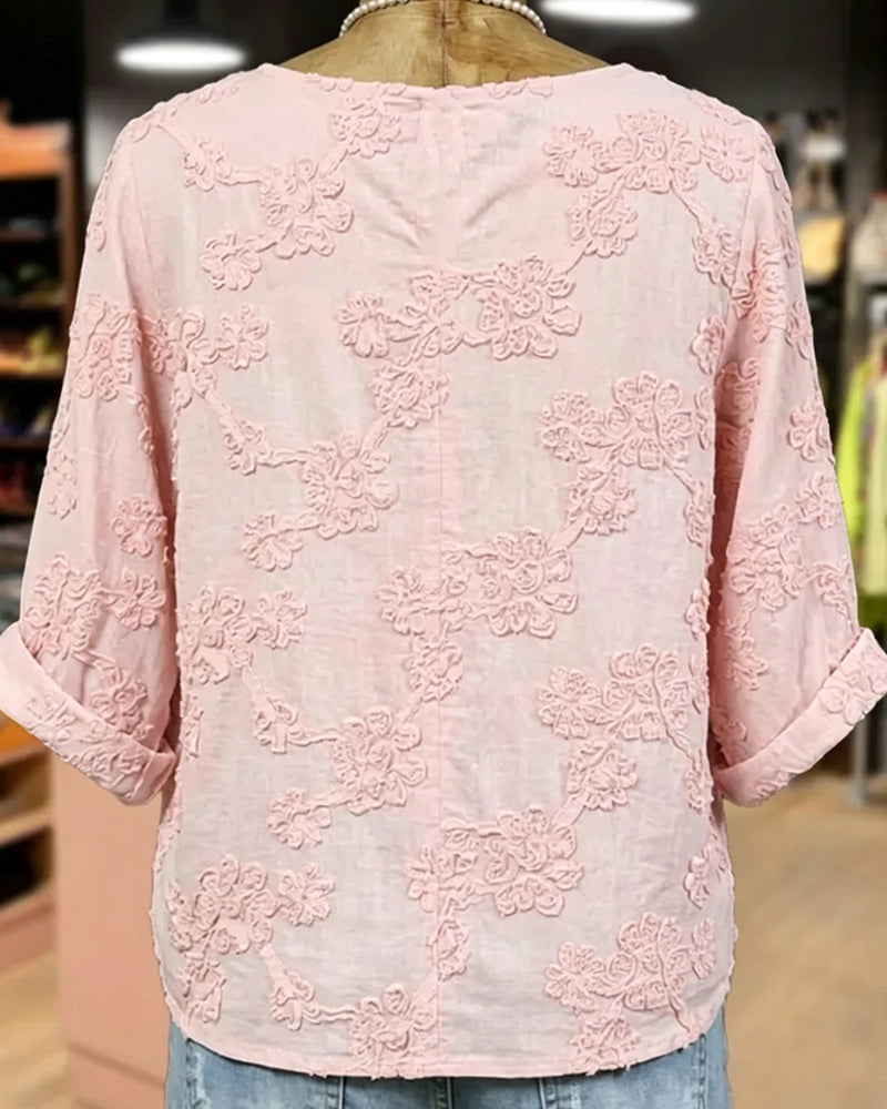100% Cotton V-Neck Flower Print 3/4 Sleeve Blouse