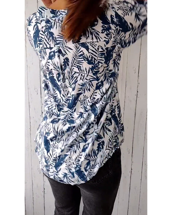 Leaf print V-neck buttoned nine-quarter sleeves casual blouse