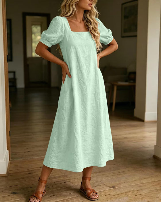 Square Neck Puff Sleeve Pocket Dress