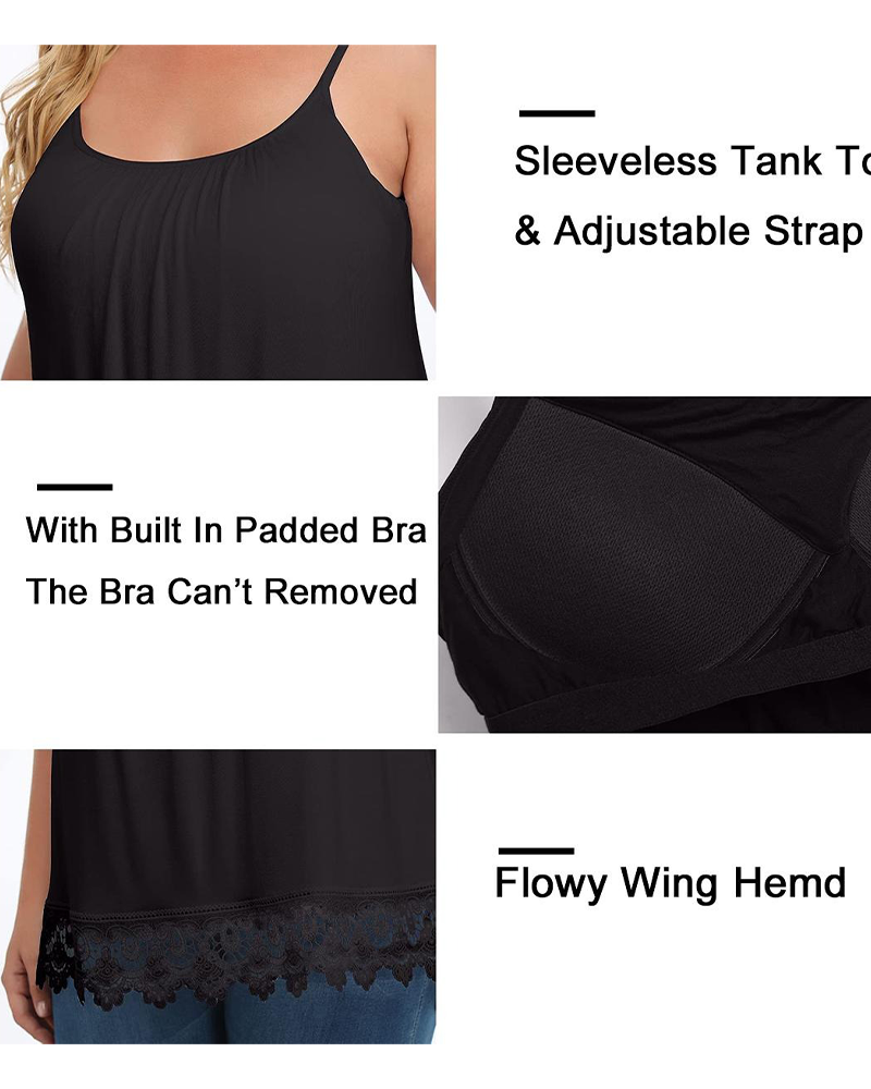 Spaghetti Strap Ruched Lace Patchwork Built-In Bra Cami Top
