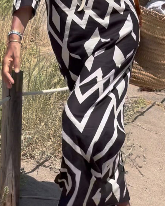 Diamond Pattern V-Neck Medium Sleeve Big Skirt Dress