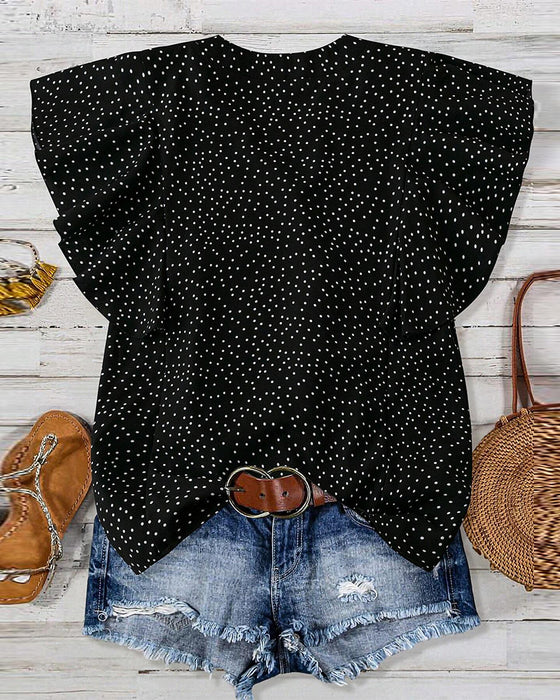 Ruffle Sleeve V-Neck Polka Dot Blouse