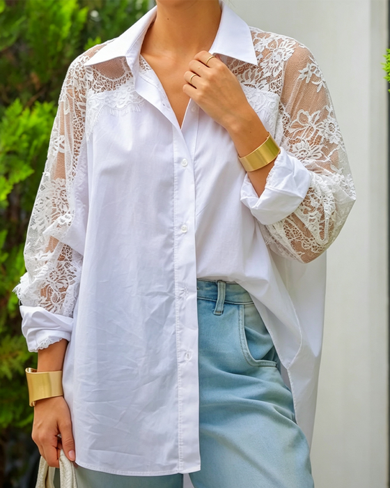 Lace Patchwork Lapel Long Sleeve Blouse