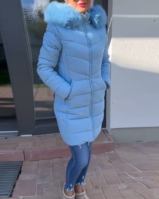 Casual solid color zipper pocket hooded padded jacket