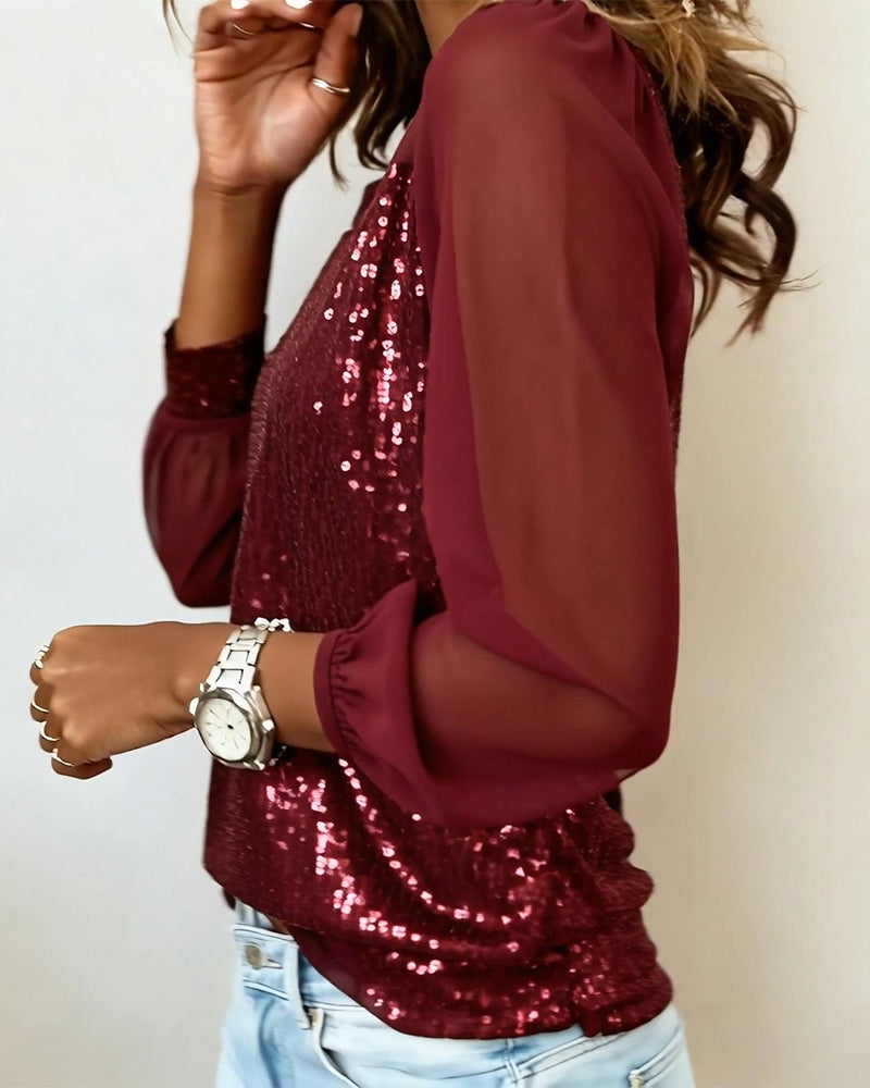 Sequin Paneled Round Neck Long Sleeve Top