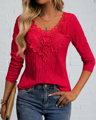 Lace Trim Hollow Long Sleeve Top