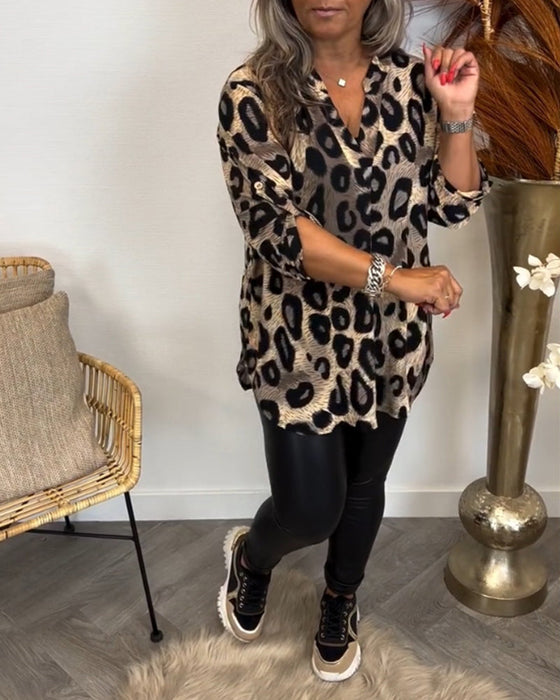 Long Sleeve Top with Leopard and Print