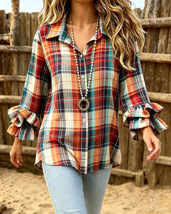 Lapel Button Plaid Ruffle Shirt