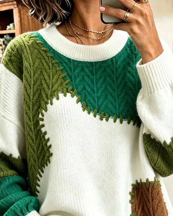 Round Neck Contrasting Dropped Shoulder Patchwork Pullover