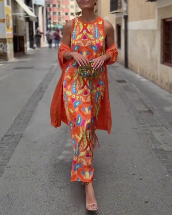 Sleeveless Long Dress With Long Cardigan Set