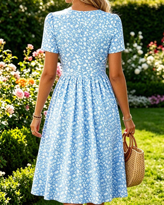 V-Neck Short SleeveTiny Floral Dress
