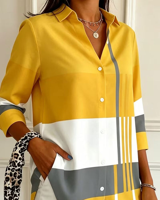 Geometric Color-Block Lapel Long-Sleeve Shirt