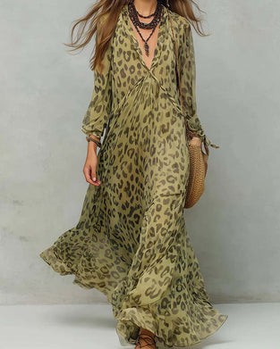 V-Neck Long Sleeve Leopard Maxi Dress
