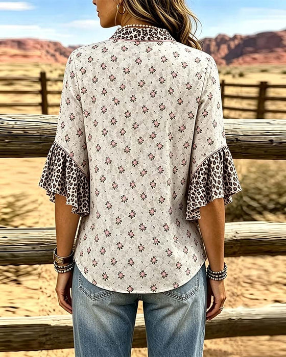 V-Neck Leopard Print Floral Patchwork Ruffle Blouse