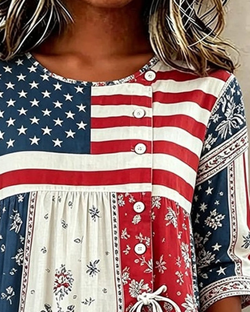 Flag Patchwork Print Lace-Up Blouse