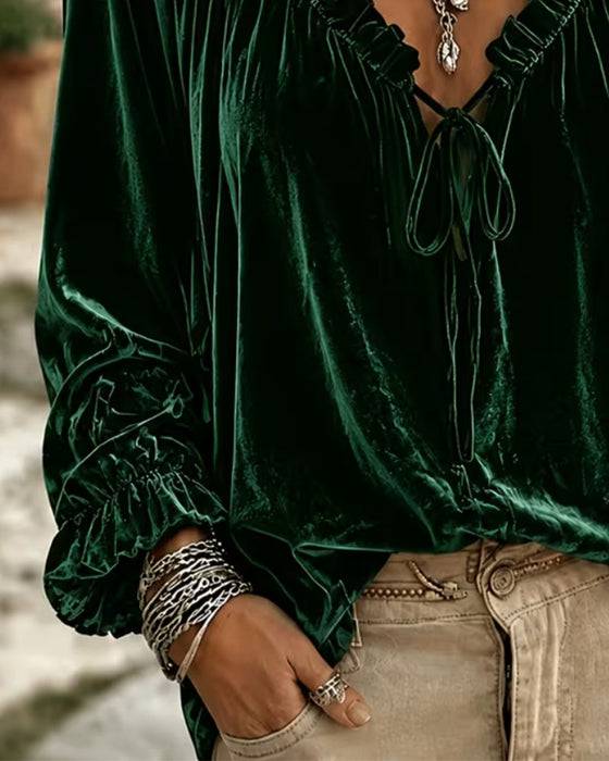 Velvet V-Neck Ruffled Long Sleeve Top