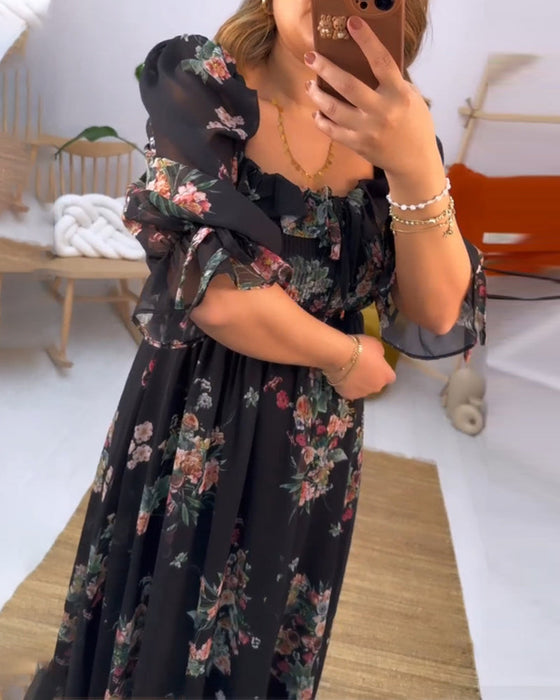 Floral print square neck elegant dress