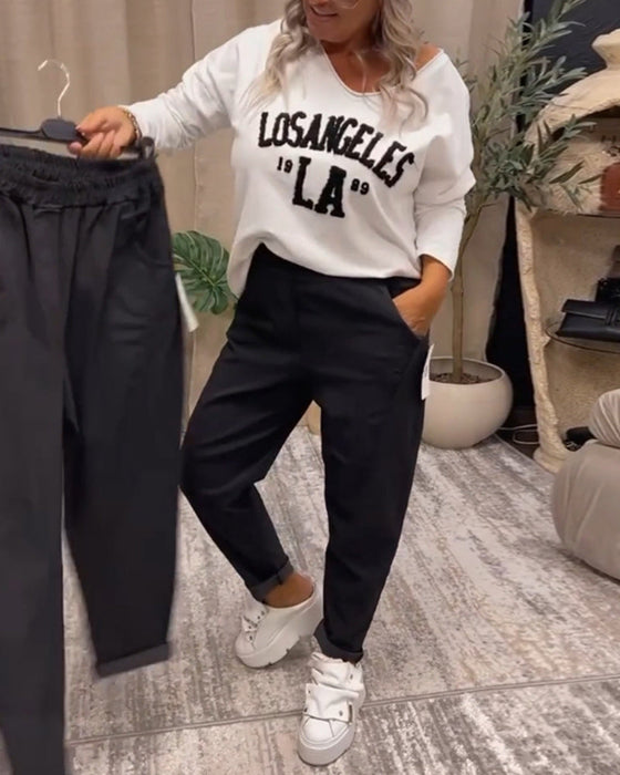 Letter print v-neck casual sweatshirt