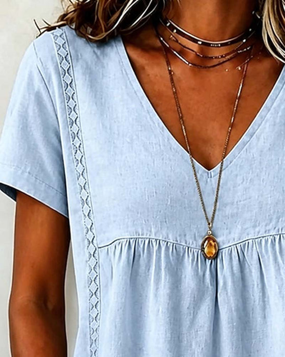 V-Neck Shirred Short Sleeve Blouse
