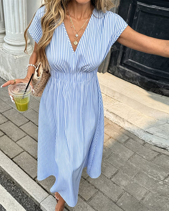 V-Neck Striped Fitted Waist Dress