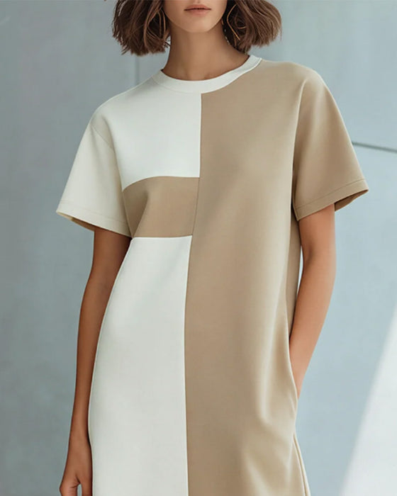 Color-Block Short-Sleeve Slit Knee-Length Dress