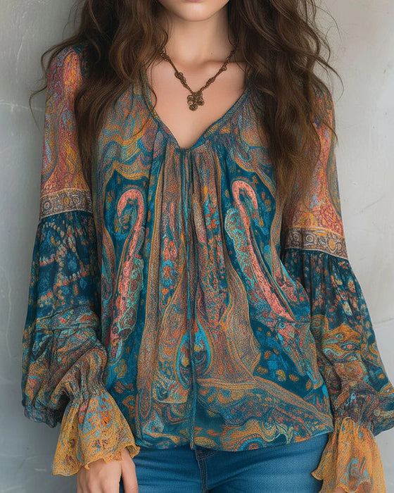 Bohemian Style Flared Sleeve V-Neck Blouse