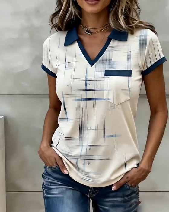 V-Neck Printed Color-Blocked Top