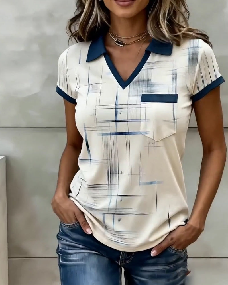 V-Neck Printed Color-Blocked Top