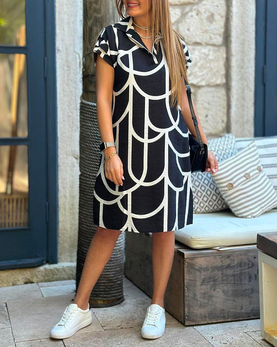 Lapel line printed short-sleeved midi dress