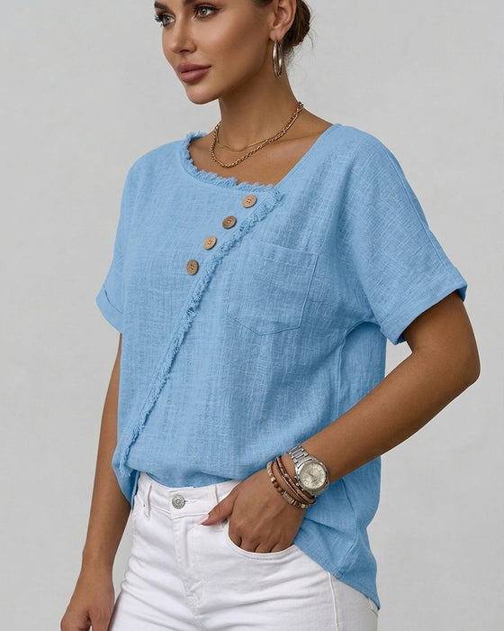 Raw Edge Bias Button Short-Sleeved Blouse