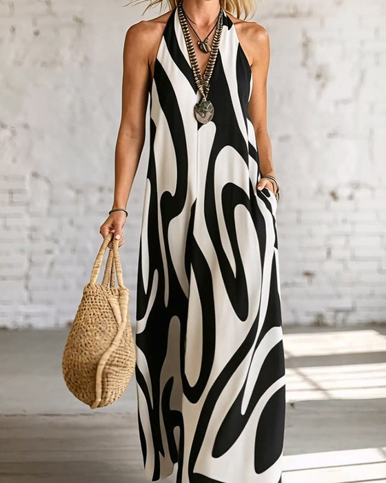 V-Neck Sleeveless Geometric Pattern Dress