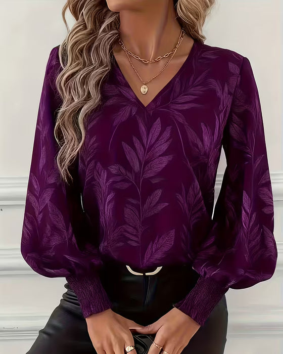 Leaf Pattern V-Neck Long-Sleeved Blouse