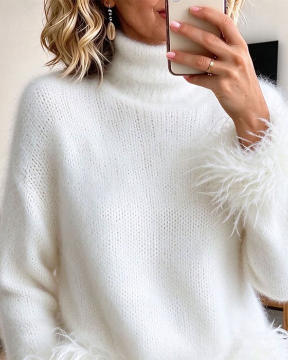 Turtleneck Feather Patchwork Cuff Pullover