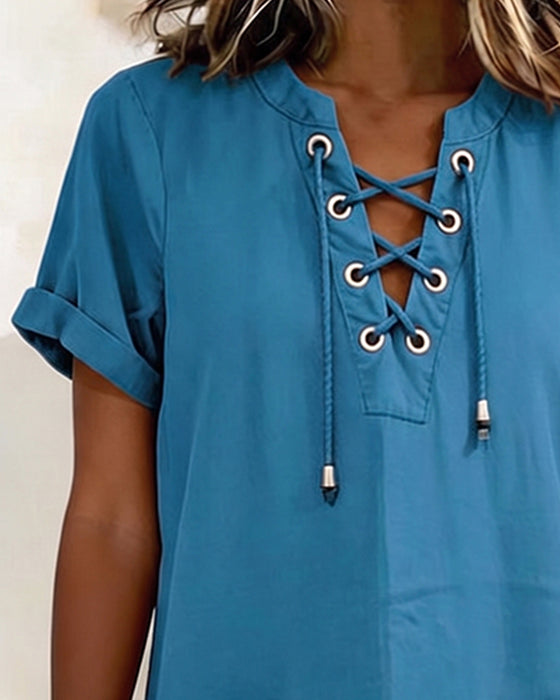 Tie V Neck Pocket Sheath Dress
